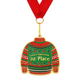 Christmas Ugly Sweater Medal Award 1st Place Medals for Ugliest Sweater Contest Ugly Sweater Trophy Ugly Sweater Prizes with Neck Ribbon for Xmas Party Christmas Tree Ornament, 2.36 x 2.36 Inches